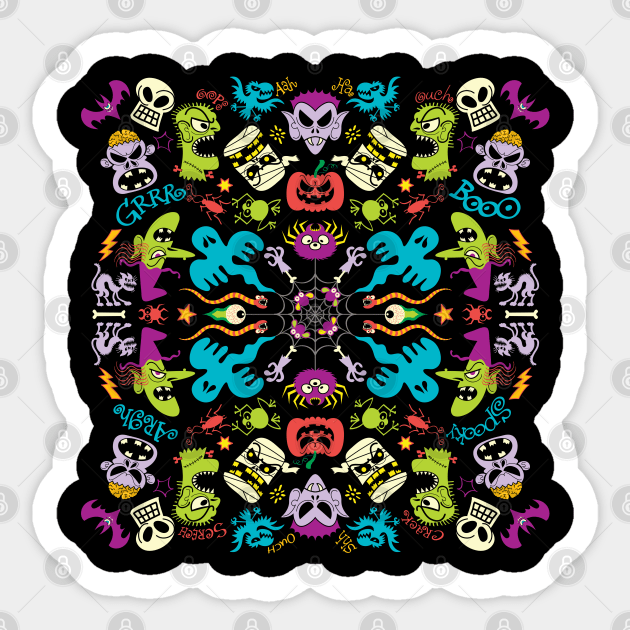 Spooky Halloween characters and symbols celebrating in a colorful pattern design Sticker by zooco